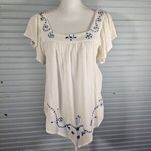 Vintage Erica Brooke White Gauze Blue Embroidered Flutter Sleeve Top Size 14